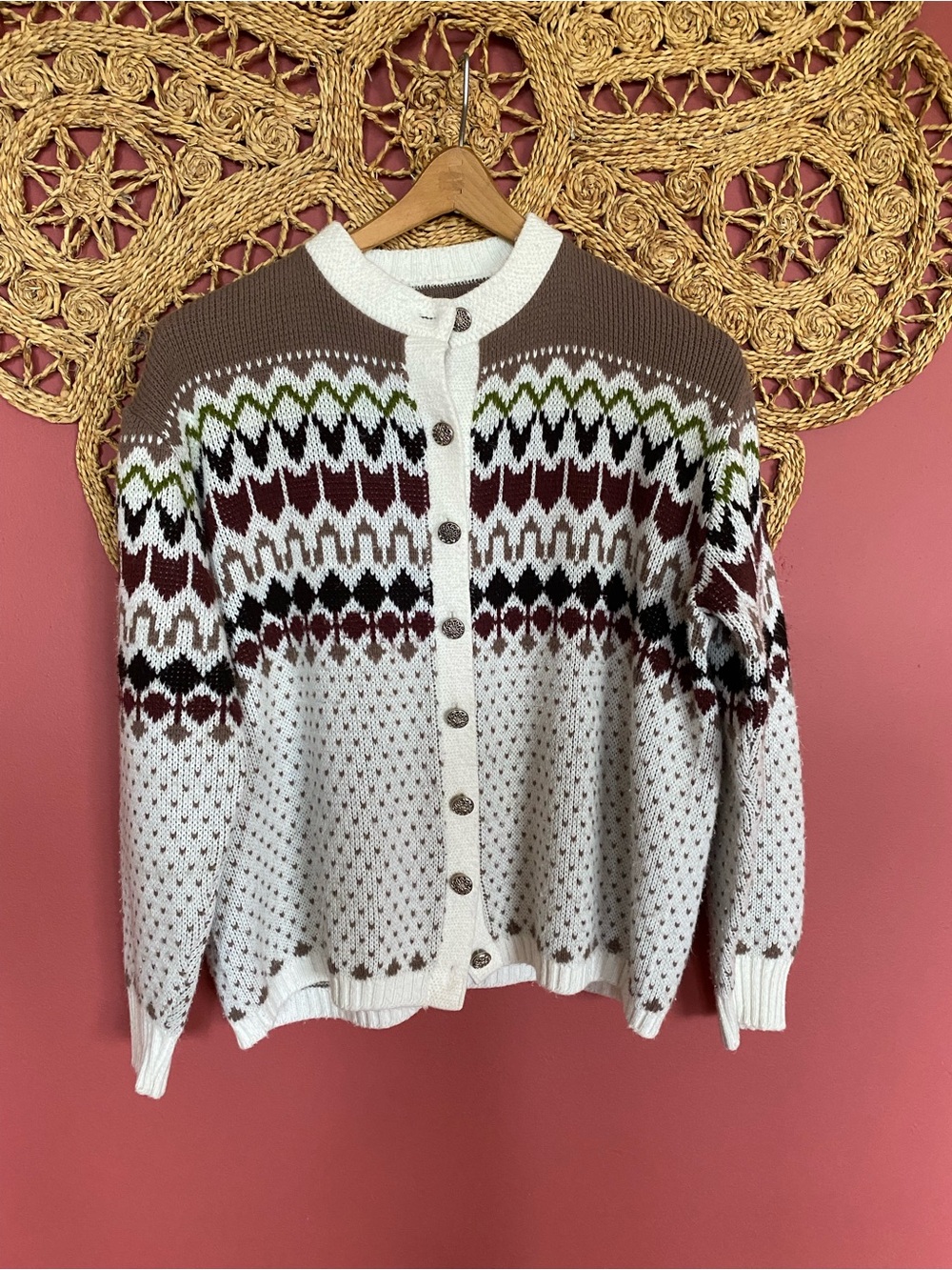 Vintage Fair Isle Nordic Cardigan Sweater Silver Buttons White Brown